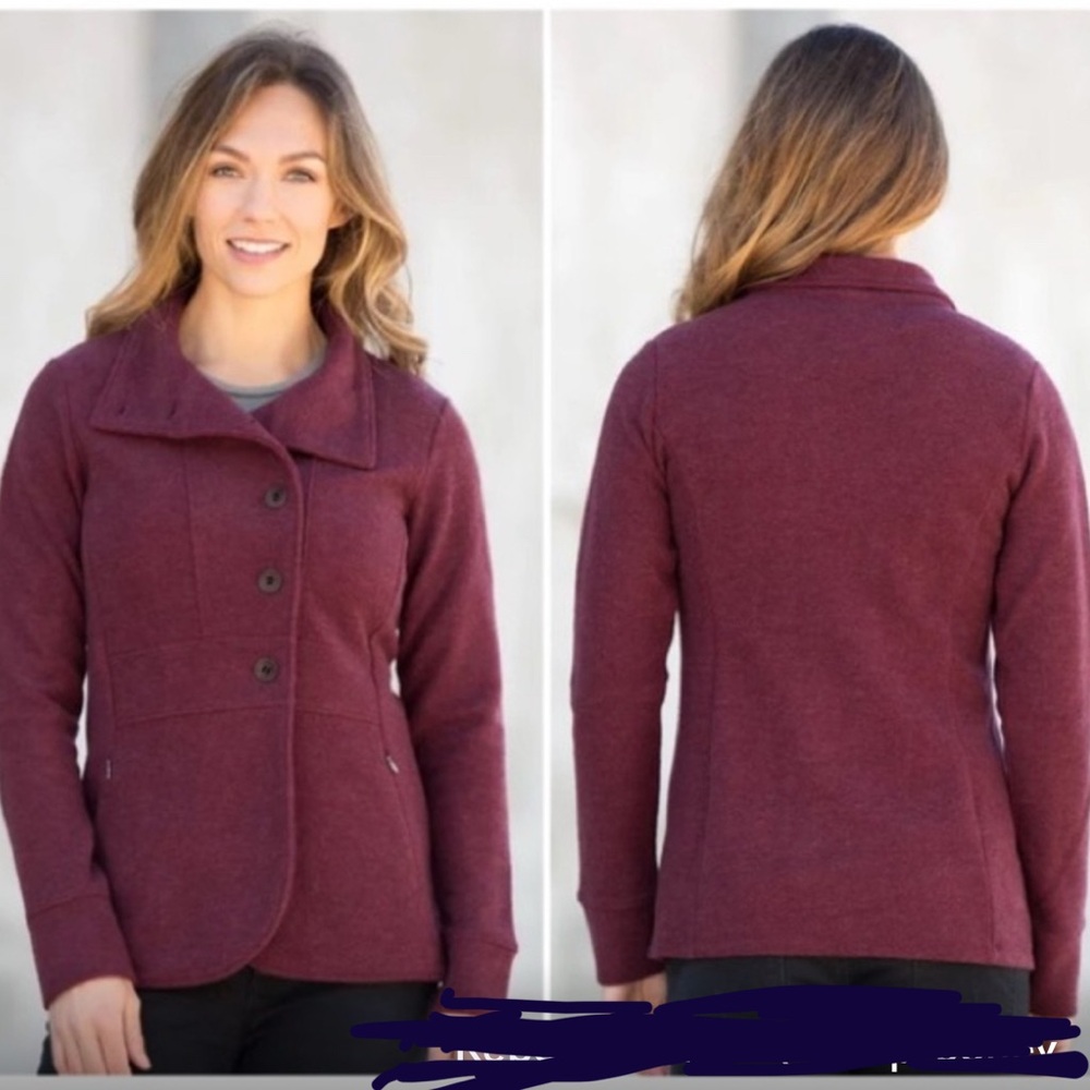 Ibex Reese Cardigan Sweater fitted Jacket Blazer bucle Merino Wool wine Womens M - Picture 2 of 13